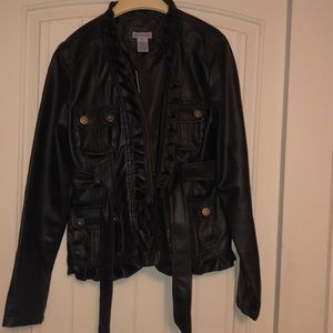 Brown Faux Leather Ruffle Jacket